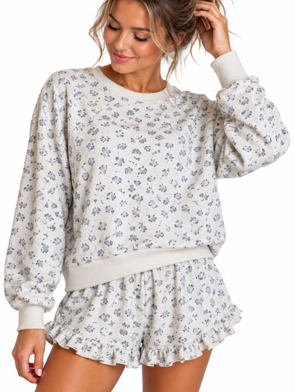 Newme Short Set Women Small White Blue Floral Ruffle Sweatshirt‎ Coquette Girl